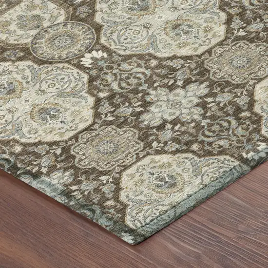 8' Chocolate And Brown Round Floral Washable Indoor Outdoor Area Rug Photo 5