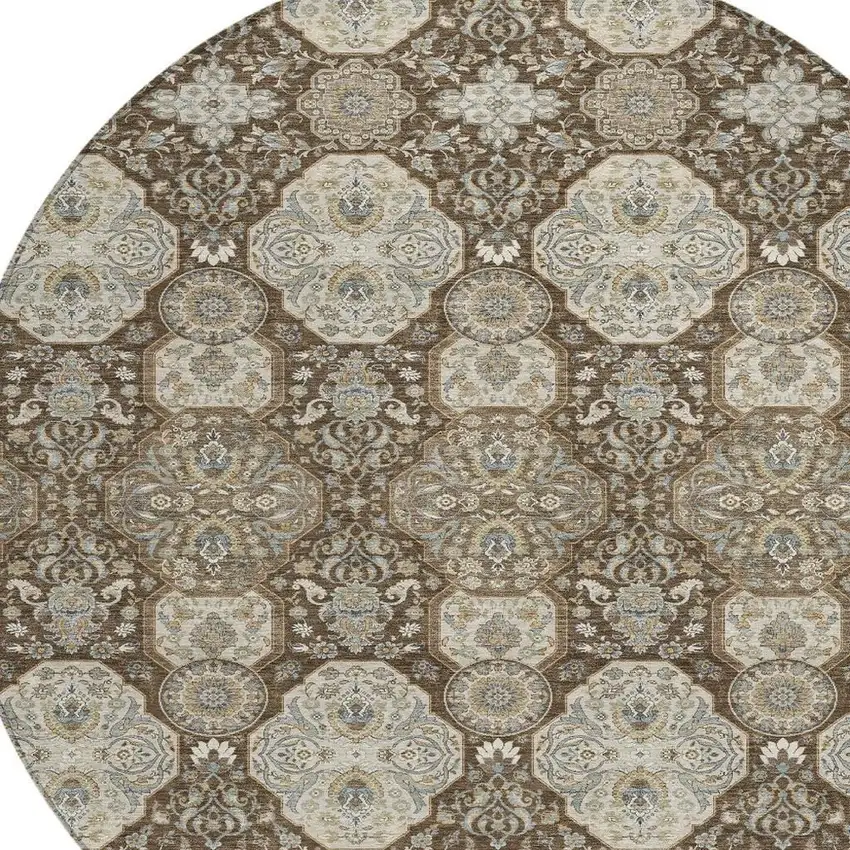 8' Chocolate And Brown Round Floral Washable Indoor Outdoor Area Rug Photo 3