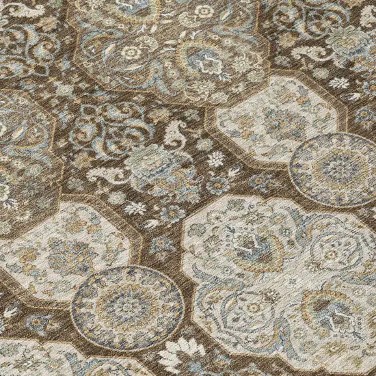 8' Chocolate And Brown Round Floral Washable Indoor Outdoor Area Rug Photo 6