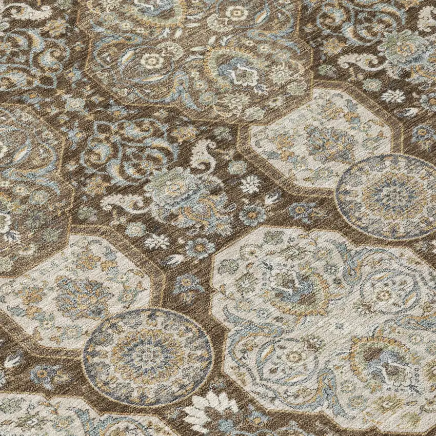 8' Chocolate And Brown Round Floral Washable Indoor Outdoor Area Rug Photo 6