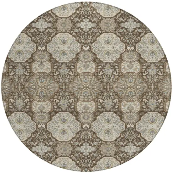8' Chocolate And Brown Round Floral Washable Indoor Outdoor Area Rug Photo 2