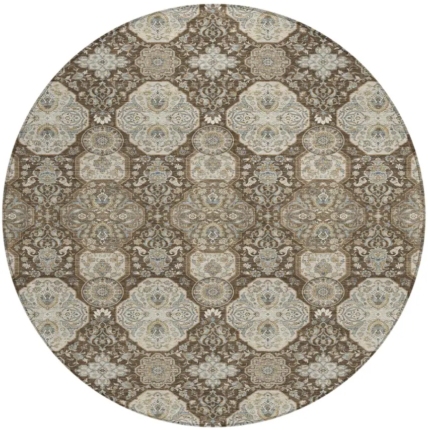 8' Chocolate And Brown Round Floral Washable Indoor Outdoor Area Rug Photo 2