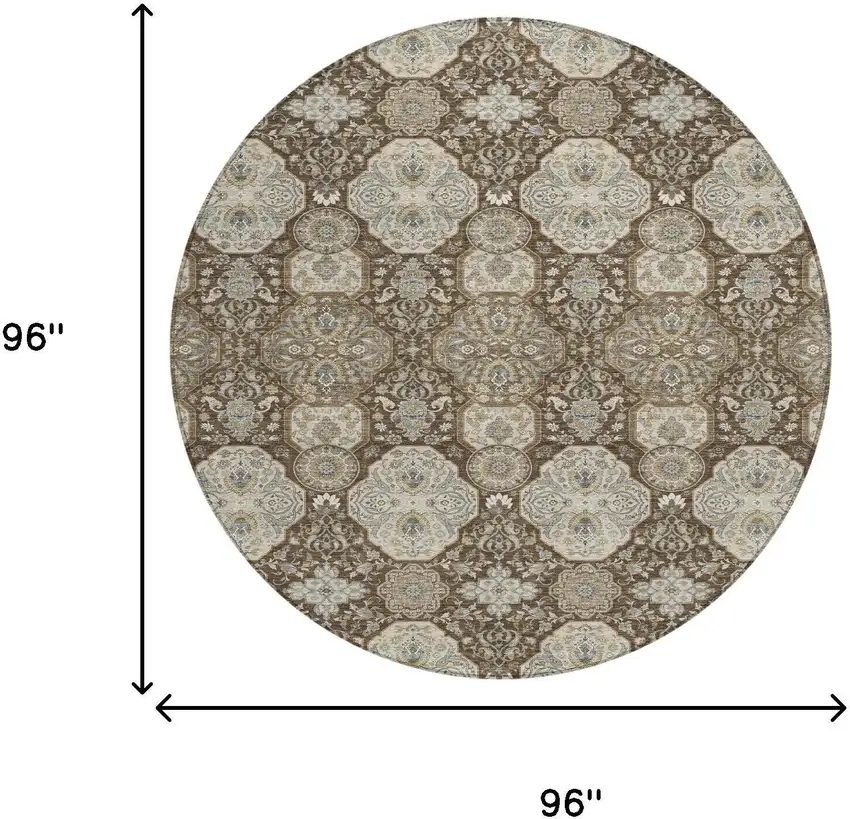 8' Chocolate And Brown Round Floral Washable Indoor Outdoor Area Rug Photo 7