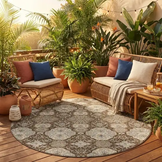 8' Chocolate And Brown Round Floral Washable Indoor Outdoor Area Rug Photo 1