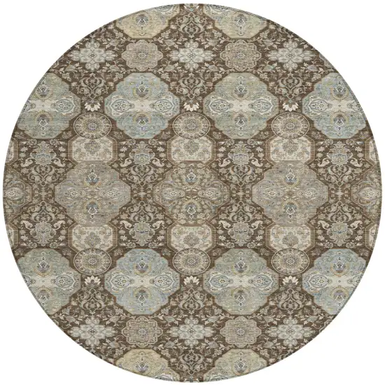 8' Chocolate And Brown Round Floral Washable Indoor Outdoor Area Rug Photo 2