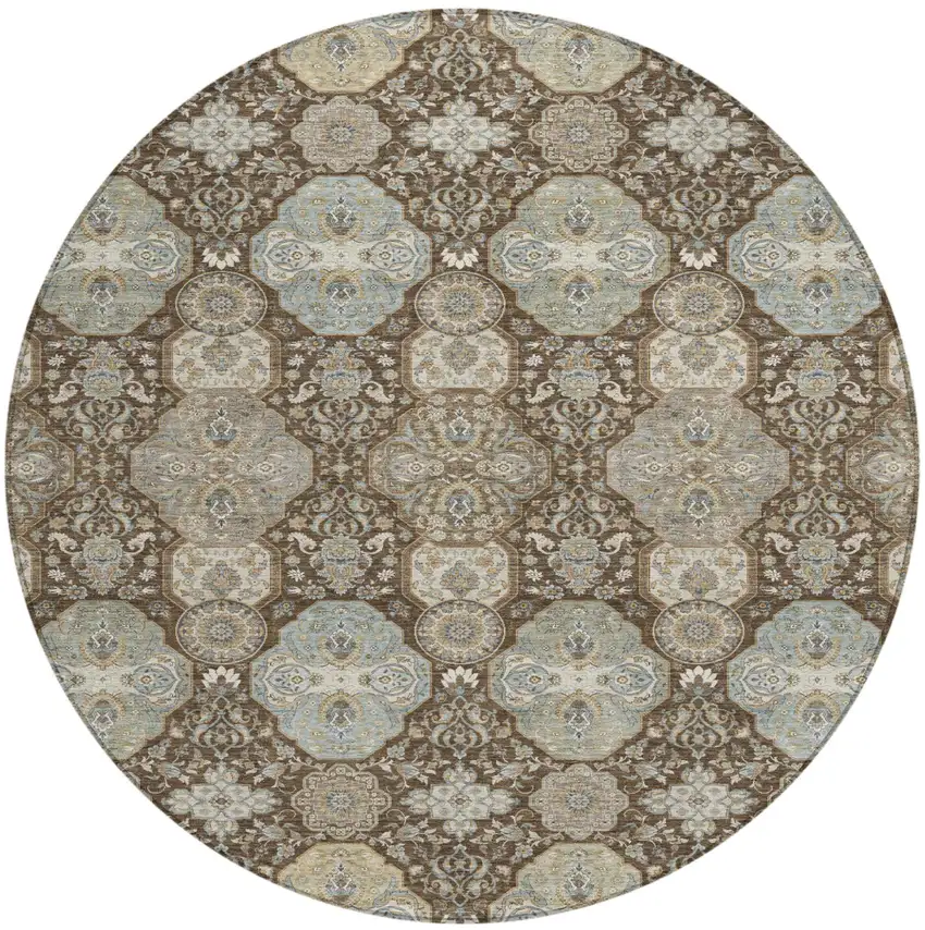 8' Chocolate And Brown Round Floral Washable Indoor Outdoor Area Rug Photo 2