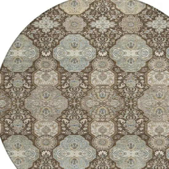 8' Chocolate And Brown Round Floral Washable Indoor Outdoor Area Rug Photo 3