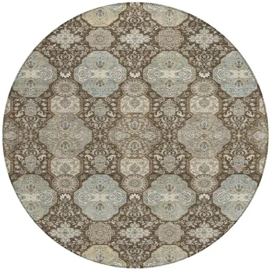 8' Chocolate And Brown Round Floral Washable Indoor Outdoor Area Rug Photo 4