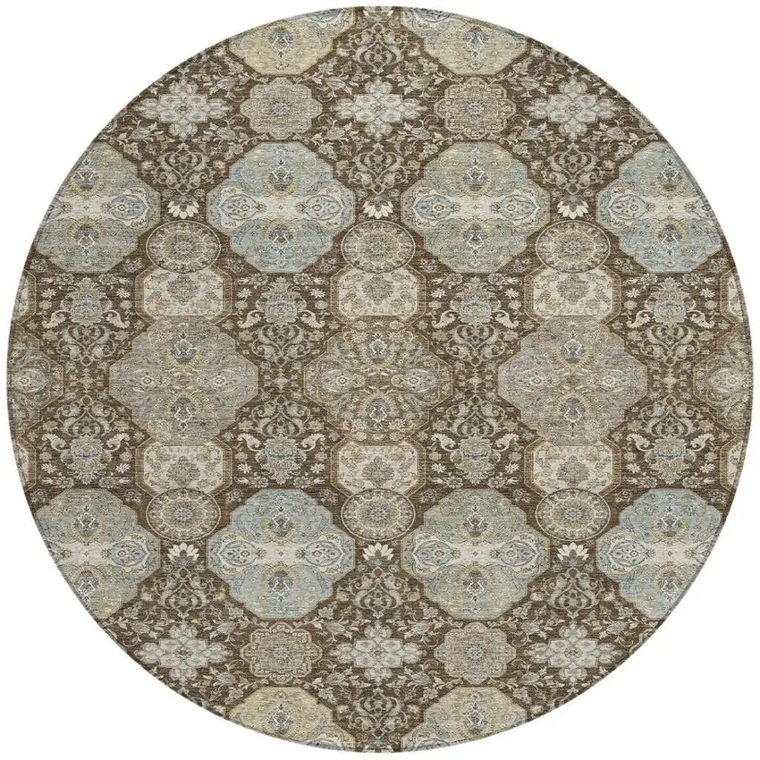 8' Chocolate And Brown Round Floral Washable Indoor Outdoor Area Rug Photo 4