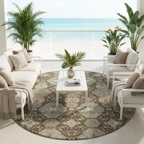 8' Chocolate And Brown Round Floral Washable Indoor Outdoor Area Rug Photo 1