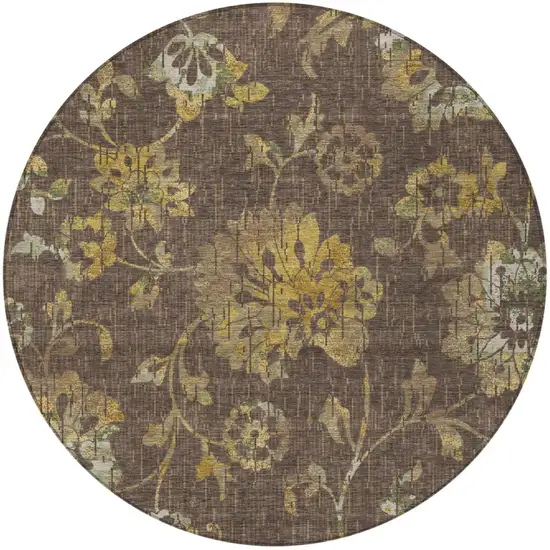8' Chocolate And Brown Round Floral Washable Indoor Outdoor Area Rug Photo 3