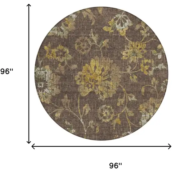 8' Chocolate And Brown Round Floral Washable Indoor Outdoor Area Rug Photo 6