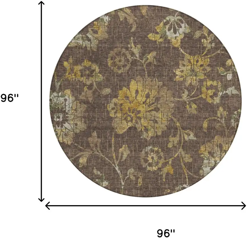 8' Chocolate And Brown Round Floral Washable Indoor Outdoor Area Rug Photo 6