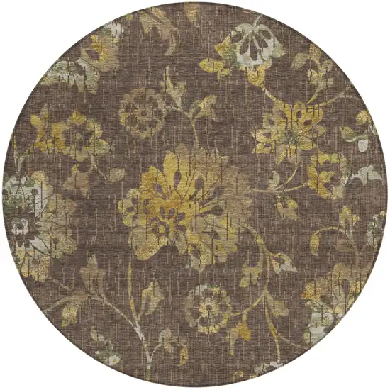 8' Chocolate And Brown Round Floral Washable Indoor Outdoor Area Rug Photo 1