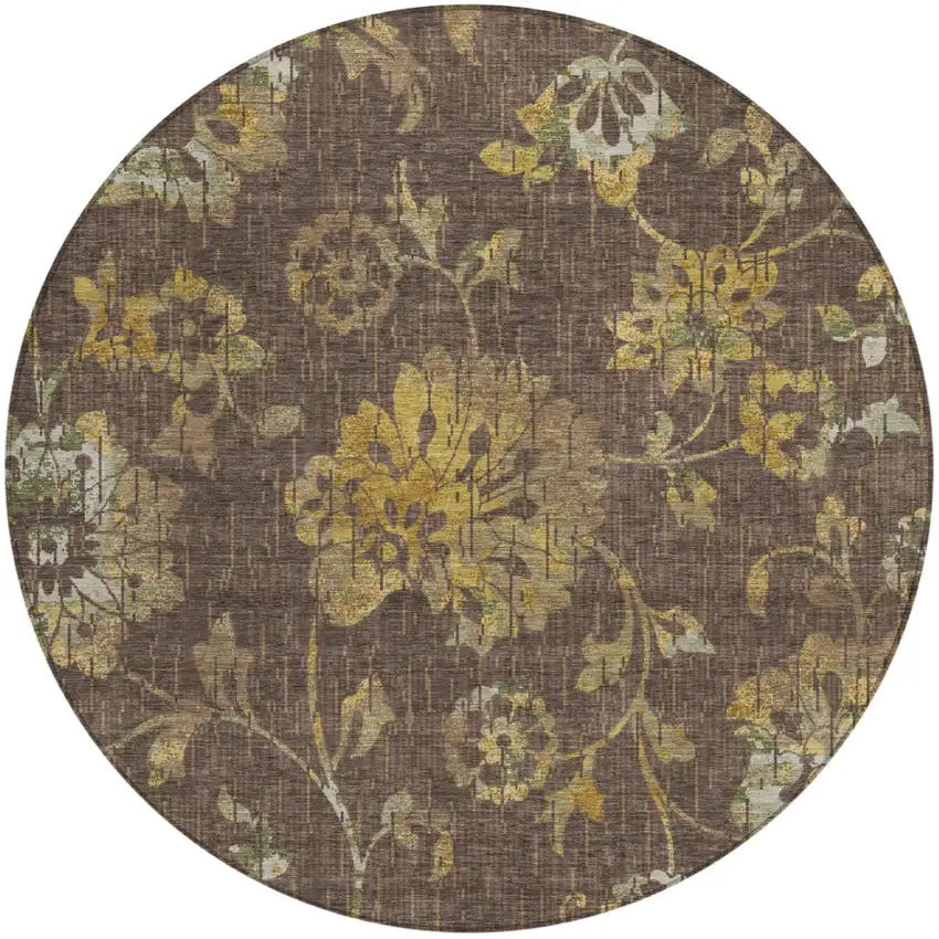 8' Chocolate And Brown Round Floral Washable Indoor Outdoor Area Rug Photo 1