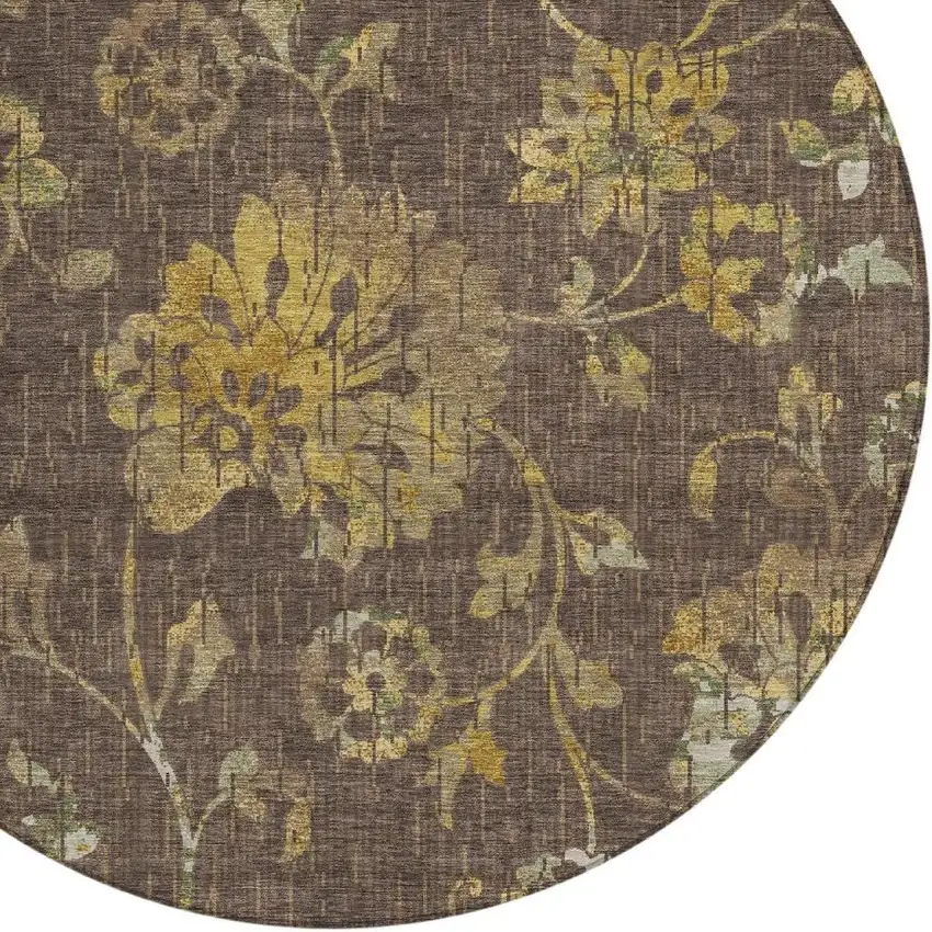 8' Chocolate And Brown Round Floral Washable Indoor Outdoor Area Rug Photo 2