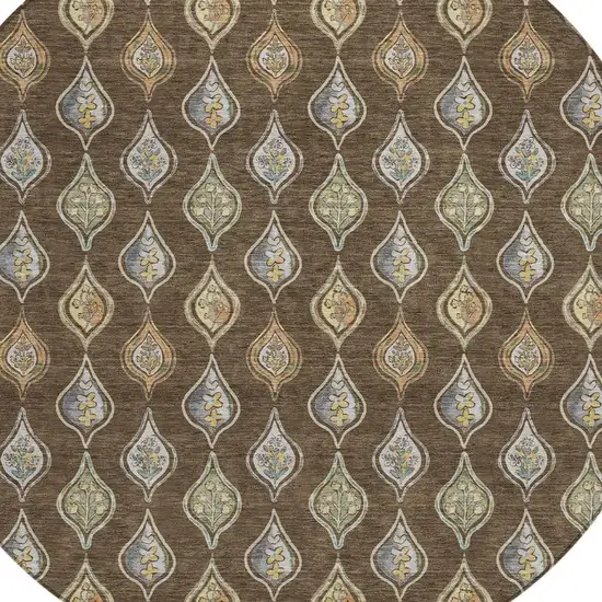 8' Chocolate And Brown Round Floral Washable Indoor Outdoor Area Rug Photo 2