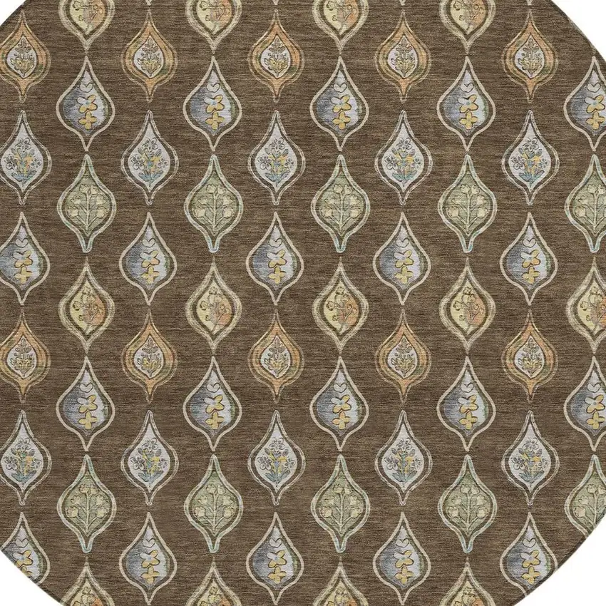 8' Chocolate And Brown Round Floral Washable Indoor Outdoor Area Rug Photo 2