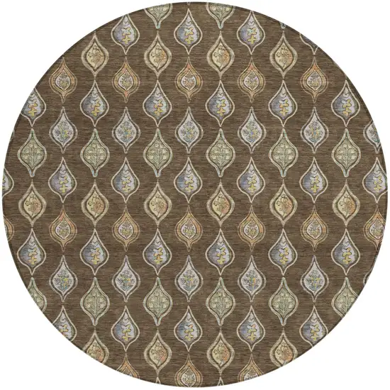 8' Chocolate And Brown Round Floral Washable Indoor Outdoor Area Rug Photo 1