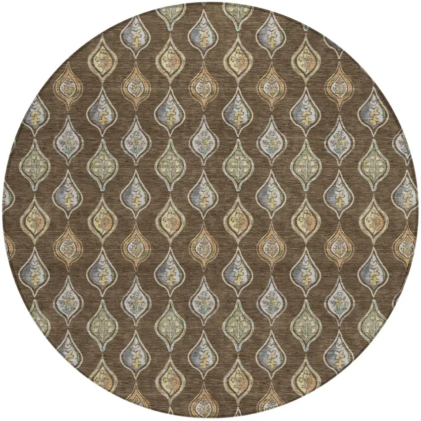 8' Chocolate And Brown Round Floral Washable Indoor Outdoor Area Rug Photo 1