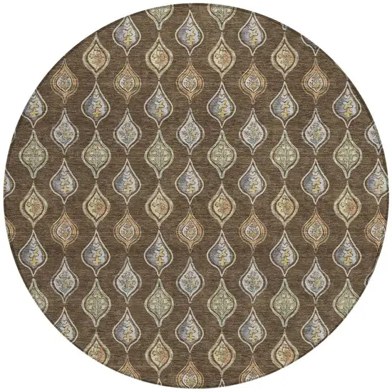 8' Chocolate And Brown Round Floral Washable Indoor Outdoor Area Rug Photo 3