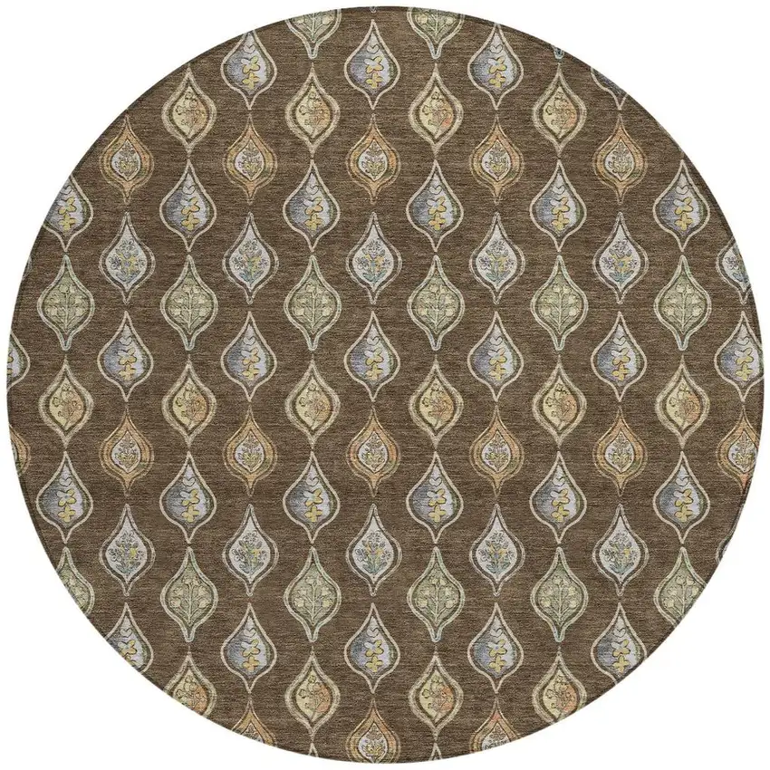 8' Chocolate And Brown Round Floral Washable Indoor Outdoor Area Rug Photo 3