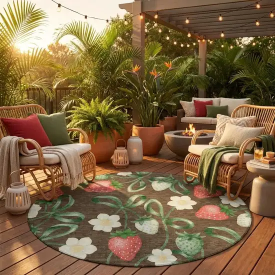 8' Chocolate And Brown Round Floral Washable Indoor Outdoor Area Rug Photo 1