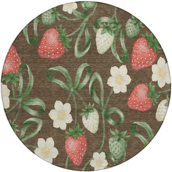 8' Chocolate And Brown Round Floral Washable Indoor Outdoor Area Rug Photo 2