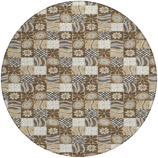 8' Chocolate And Brown Round Floral Washable Indoor Outdoor Area Rug Photo 1