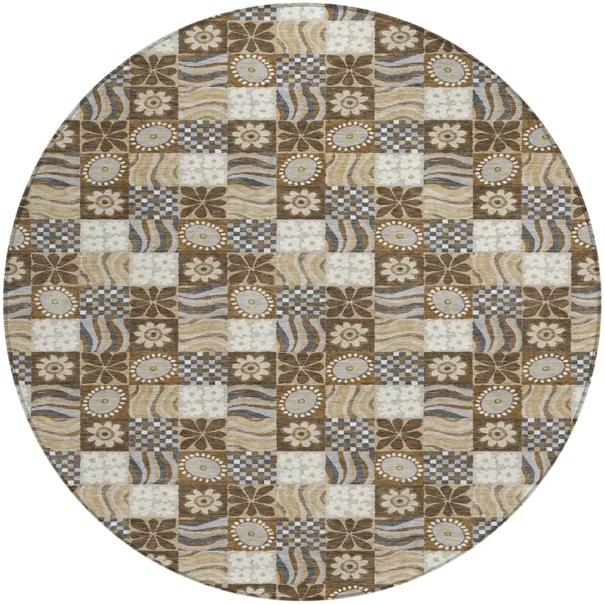 8' Chocolate And Brown Round Floral Washable Indoor Outdoor Area Rug Photo 1