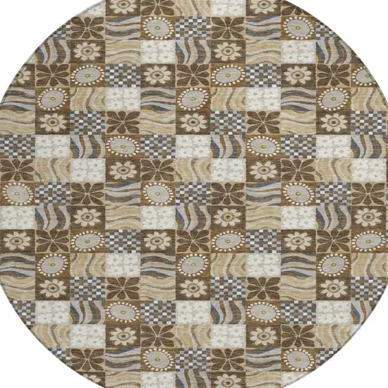 8' Chocolate And Brown Round Floral Washable Indoor Outdoor Area Rug Photo 2