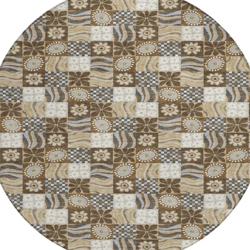 8' Chocolate And Brown Round Floral Washable Indoor Outdoor Area Rug Photo 2