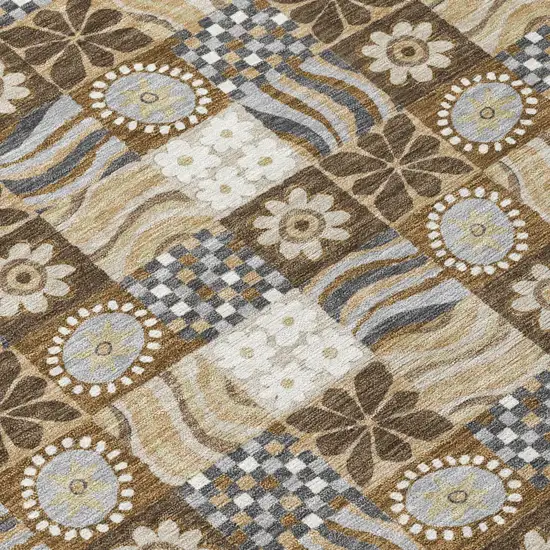 8' Chocolate And Brown Round Floral Washable Indoor Outdoor Area Rug Photo 5