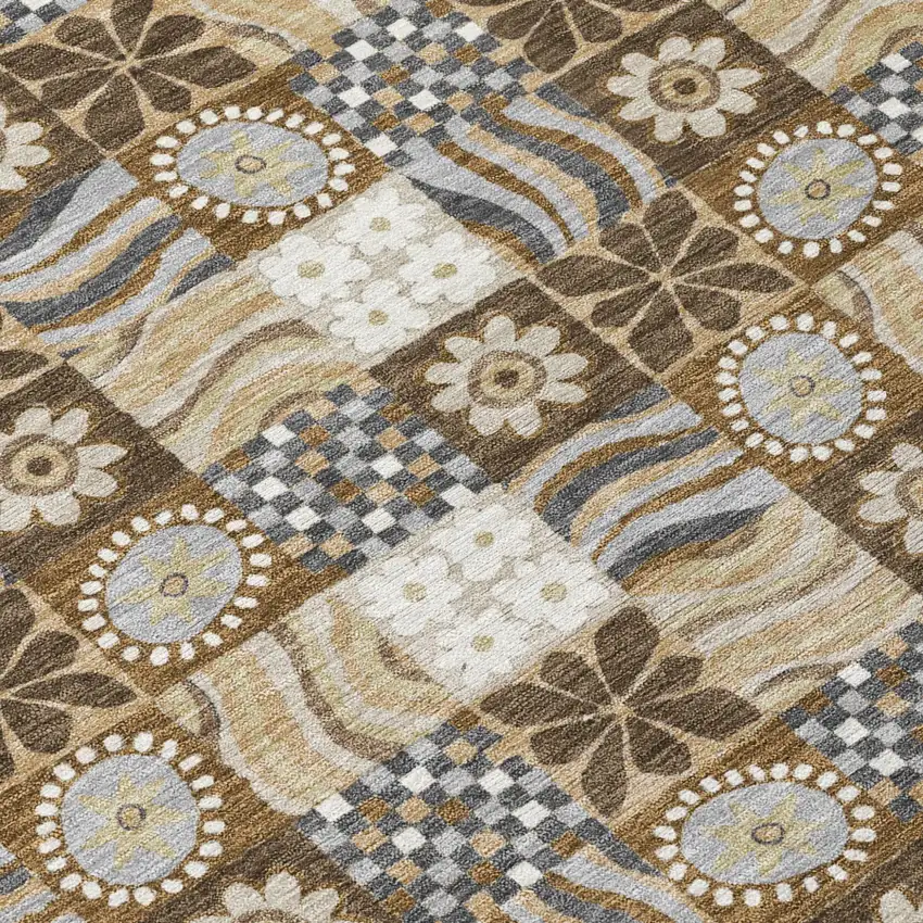 8' Chocolate And Brown Round Floral Washable Indoor Outdoor Area Rug Photo 5