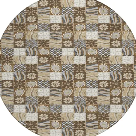 8' Chocolate And Brown Round Floral Washable Indoor Outdoor Area Rug Photo 3