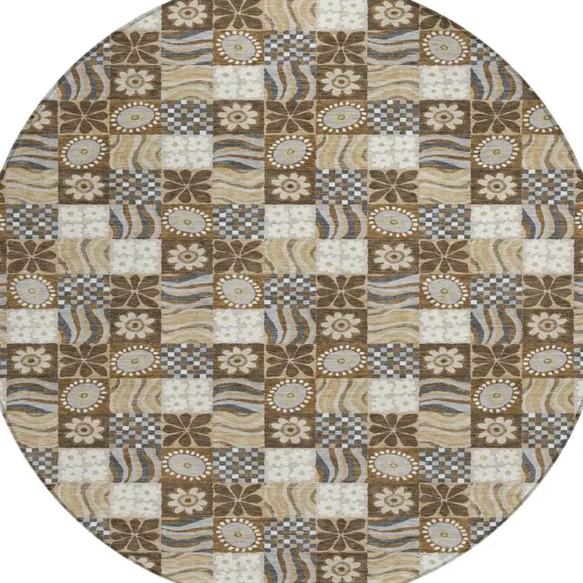 8' Chocolate And Brown Round Floral Washable Indoor Outdoor Area Rug Photo 3