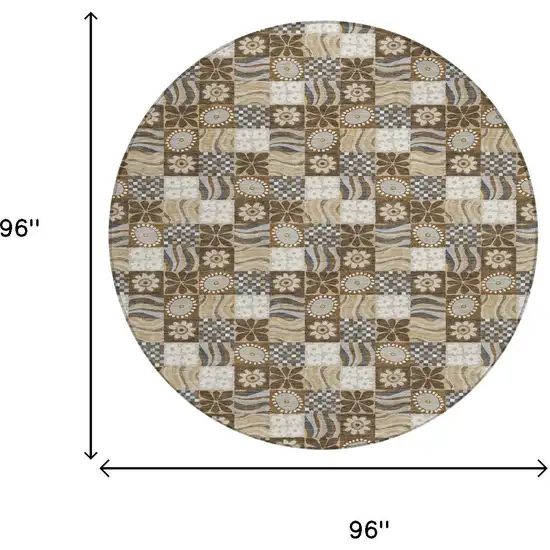 8' Chocolate And Brown Round Floral Washable Indoor Outdoor Area Rug Photo 6