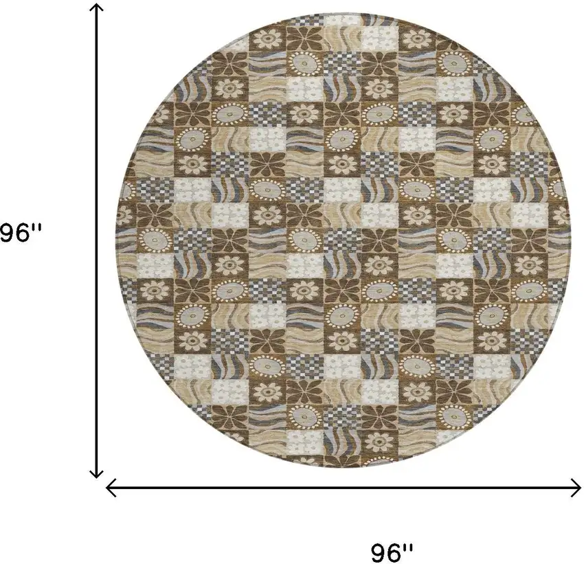 8' Chocolate And Brown Round Floral Washable Indoor Outdoor Area Rug Photo 6