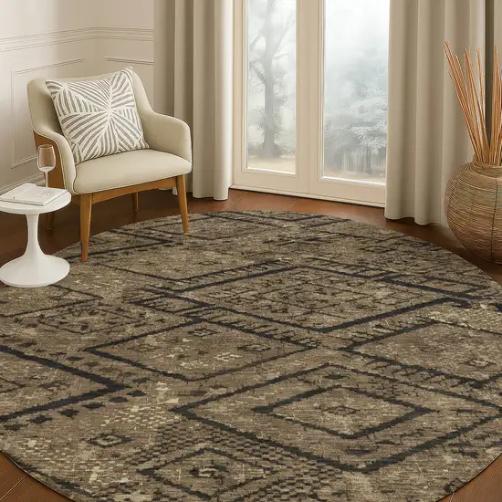 8' Chocolate And Brown Round Geometric Washable Indoor Outdoor Area Rug Photo 5