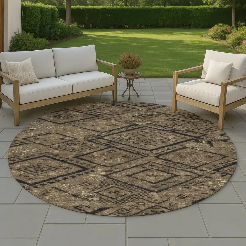 8' Chocolate And Brown Round Geometric Washable Indoor Outdoor Area Rug Photo 4