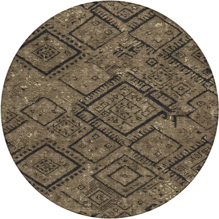 8' Chocolate And Brown Round Geometric Washable Indoor Outdoor Area Rug Photo 1