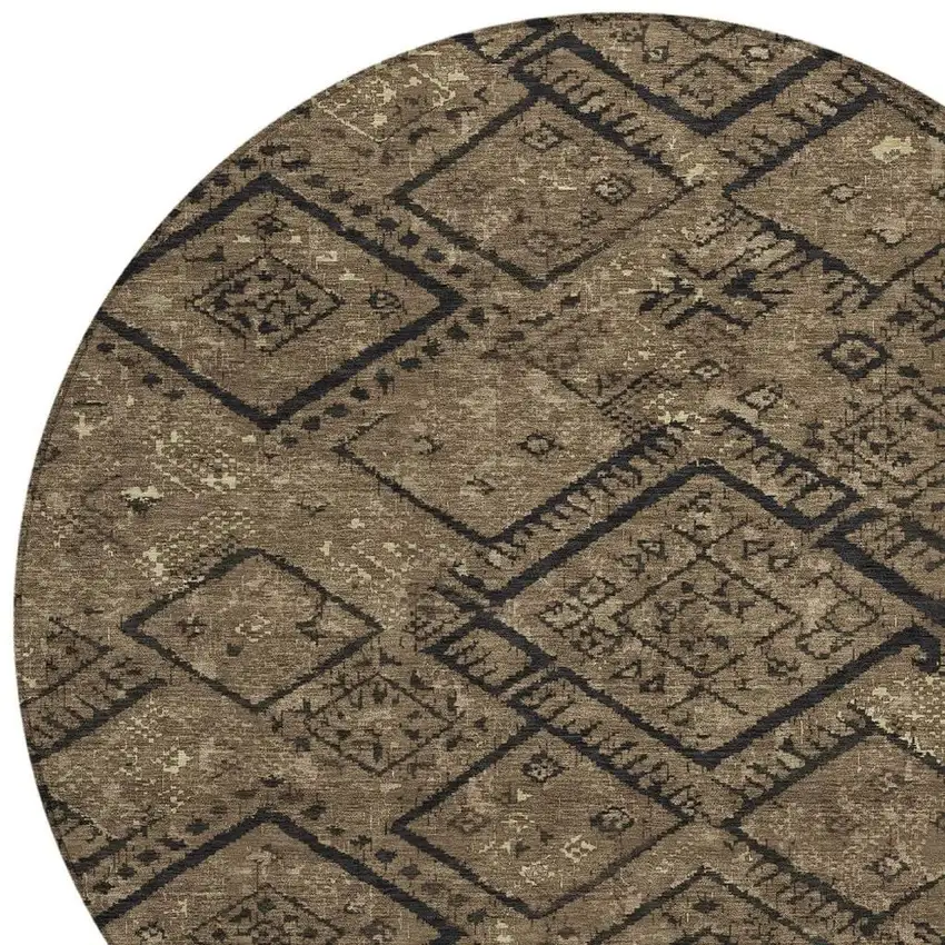 8' Chocolate And Brown Round Geometric Washable Indoor Outdoor Area Rug Photo 2