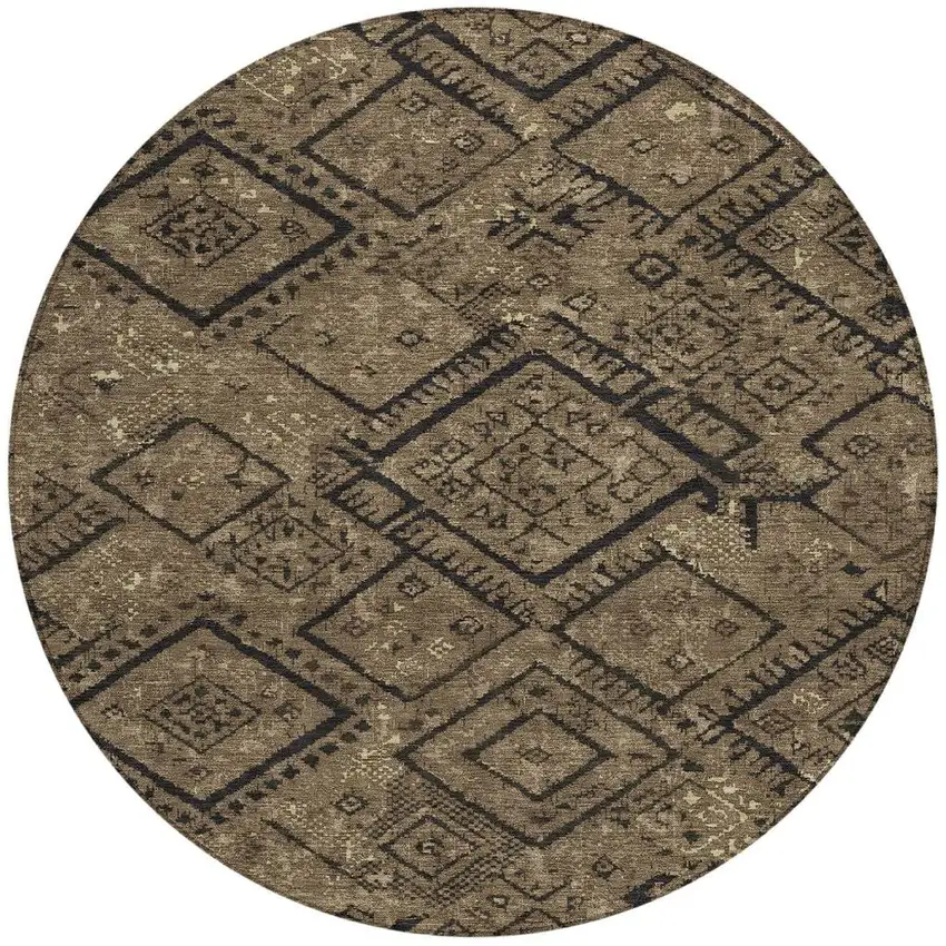 8' Chocolate And Brown Round Geometric Washable Indoor Outdoor Area Rug Photo 3