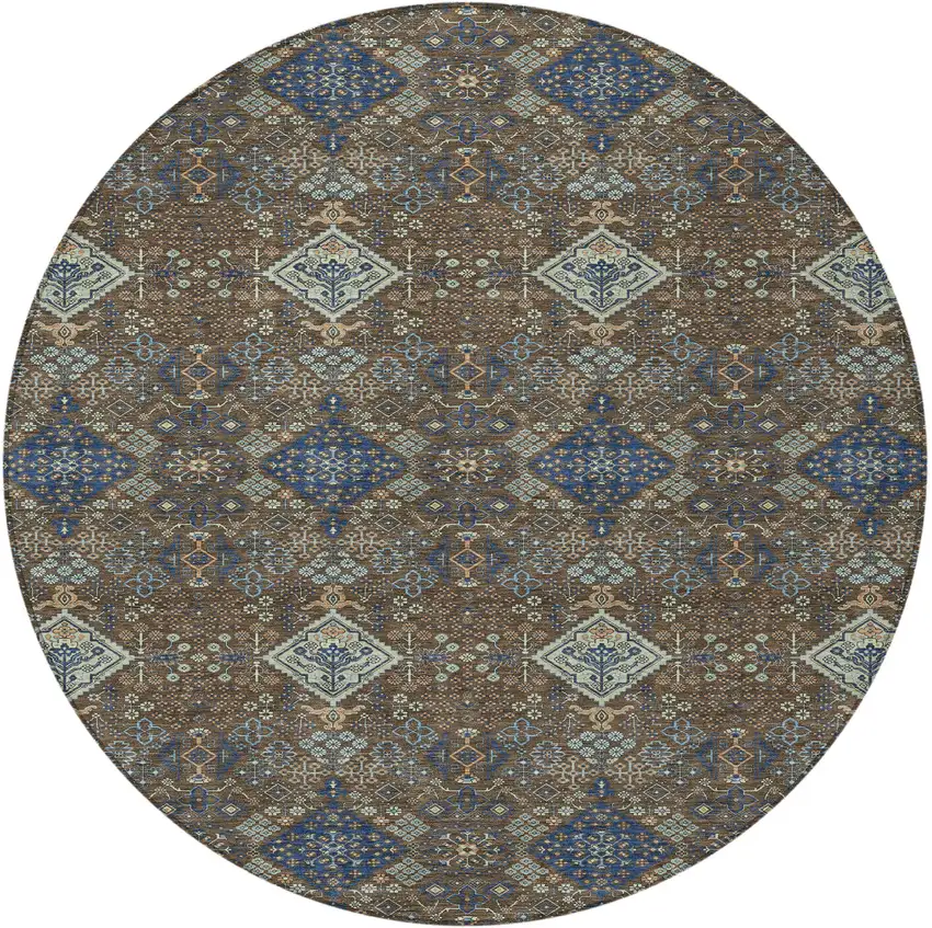 8' Chocolate And Brown Round Geometric Washable Indoor Outdoor Area Rug Photo 3