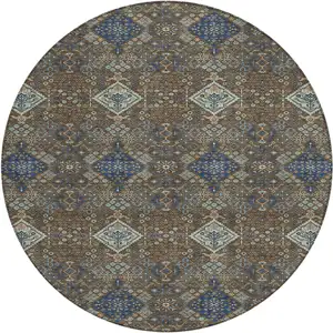 Photo of 8' Chocolate And Brown Round Geometric Washable Indoor Outdoor Area Rug