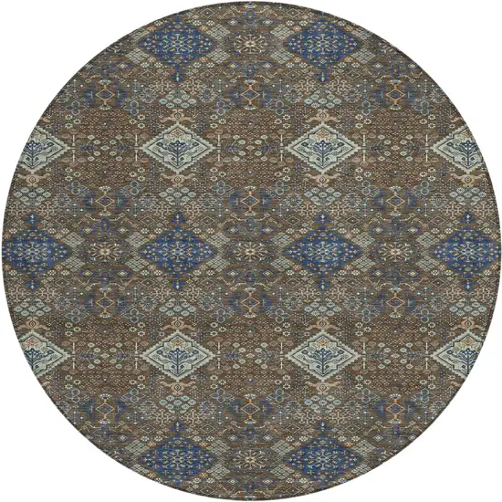 8' Chocolate And Brown Round Geometric Washable Indoor Outdoor Area Rug Photo 1