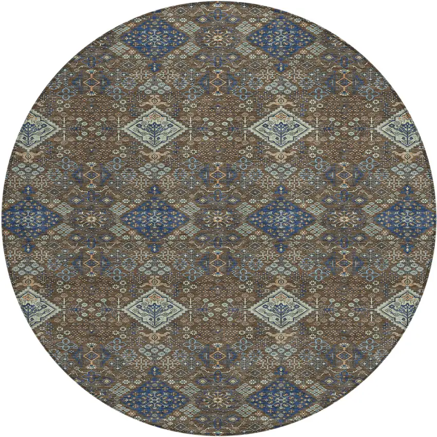 8' Chocolate And Brown Round Geometric Washable Indoor Outdoor Area Rug Photo 1
