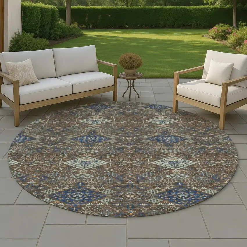 8' Chocolate And Brown Round Geometric Washable Indoor Outdoor Area Rug Photo 4