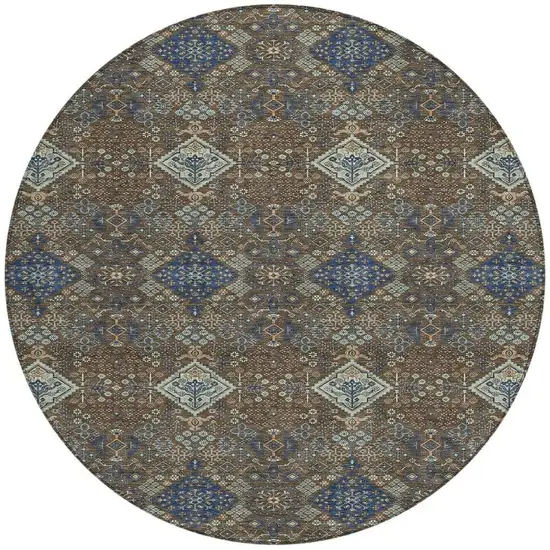 8' Chocolate And Brown Round Geometric Washable Indoor Outdoor Area Rug Photo 2