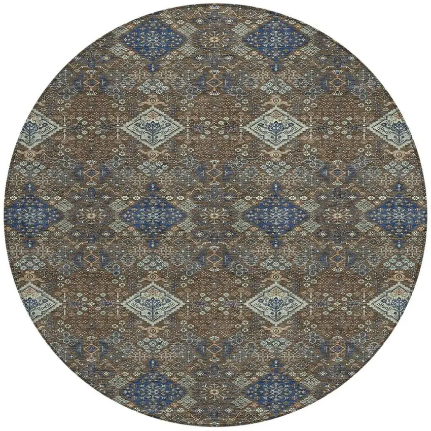 8' Chocolate And Brown Round Geometric Washable Indoor Outdoor Area Rug Photo 2